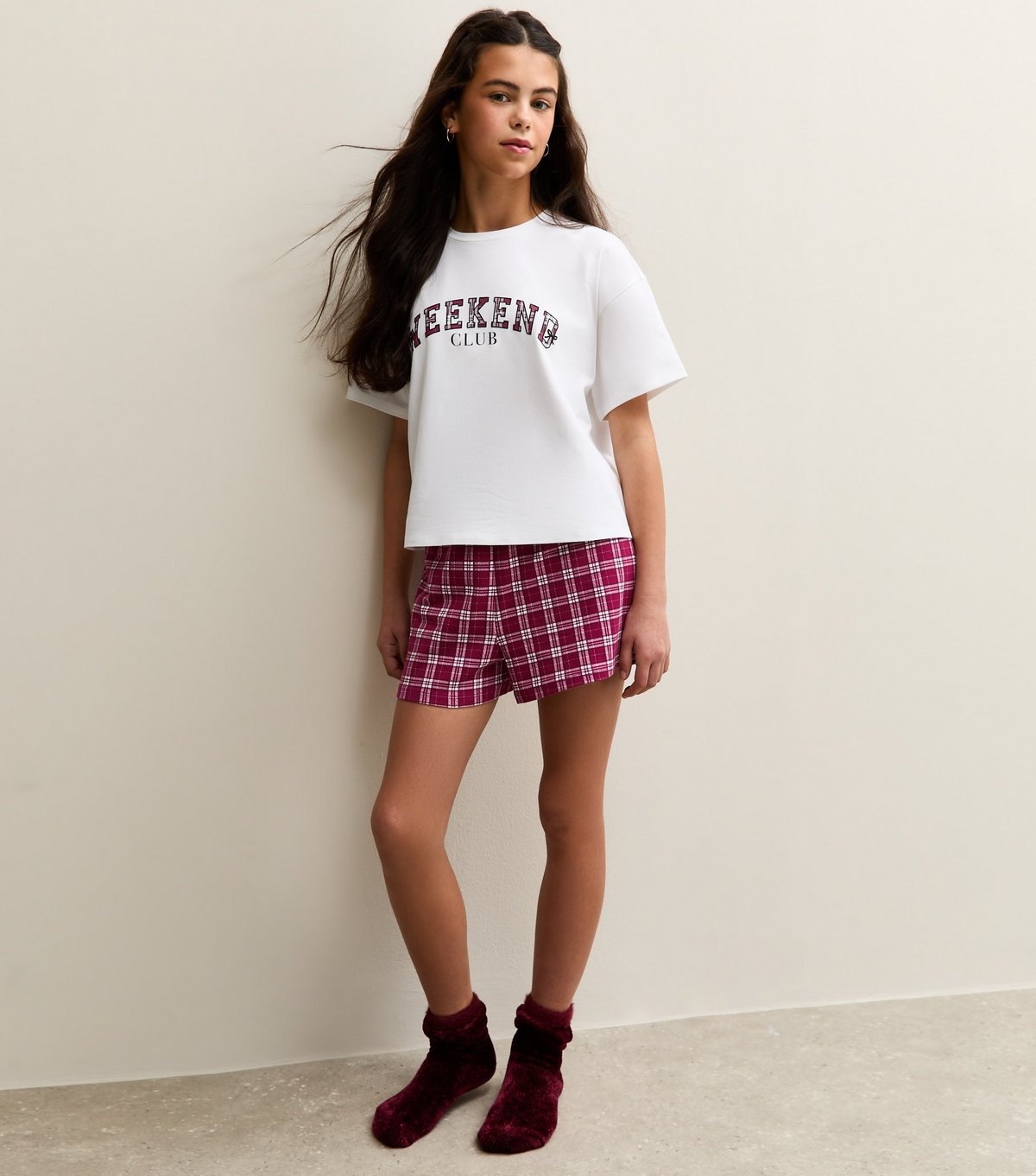 New Look Girls' White Weekend Club Print and Checked Shorts Pyjama Set New Look - 3