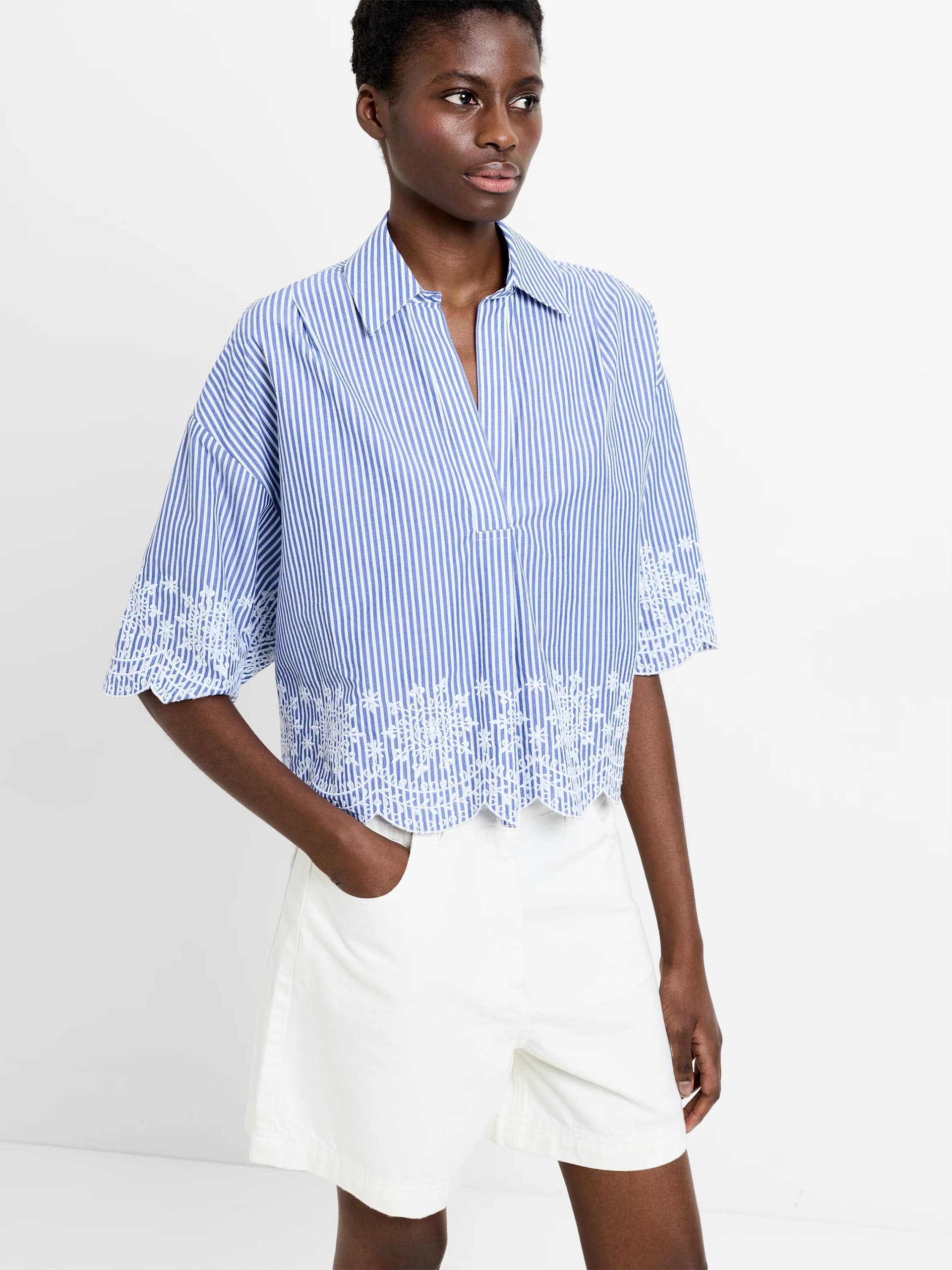 French Connection Stripe Embroidered Hem Popover Shirt Sky Blue/Linen White