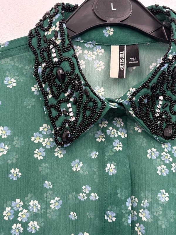 Topshop Topshop chiffon green blue floral beaded collar blouse shirt top uk10