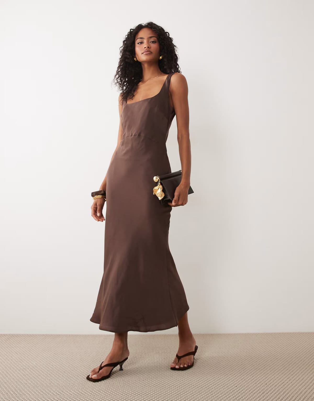 ASOS ASOS DESIGN satin bias cut midaxi dress in chocolate brown - 1