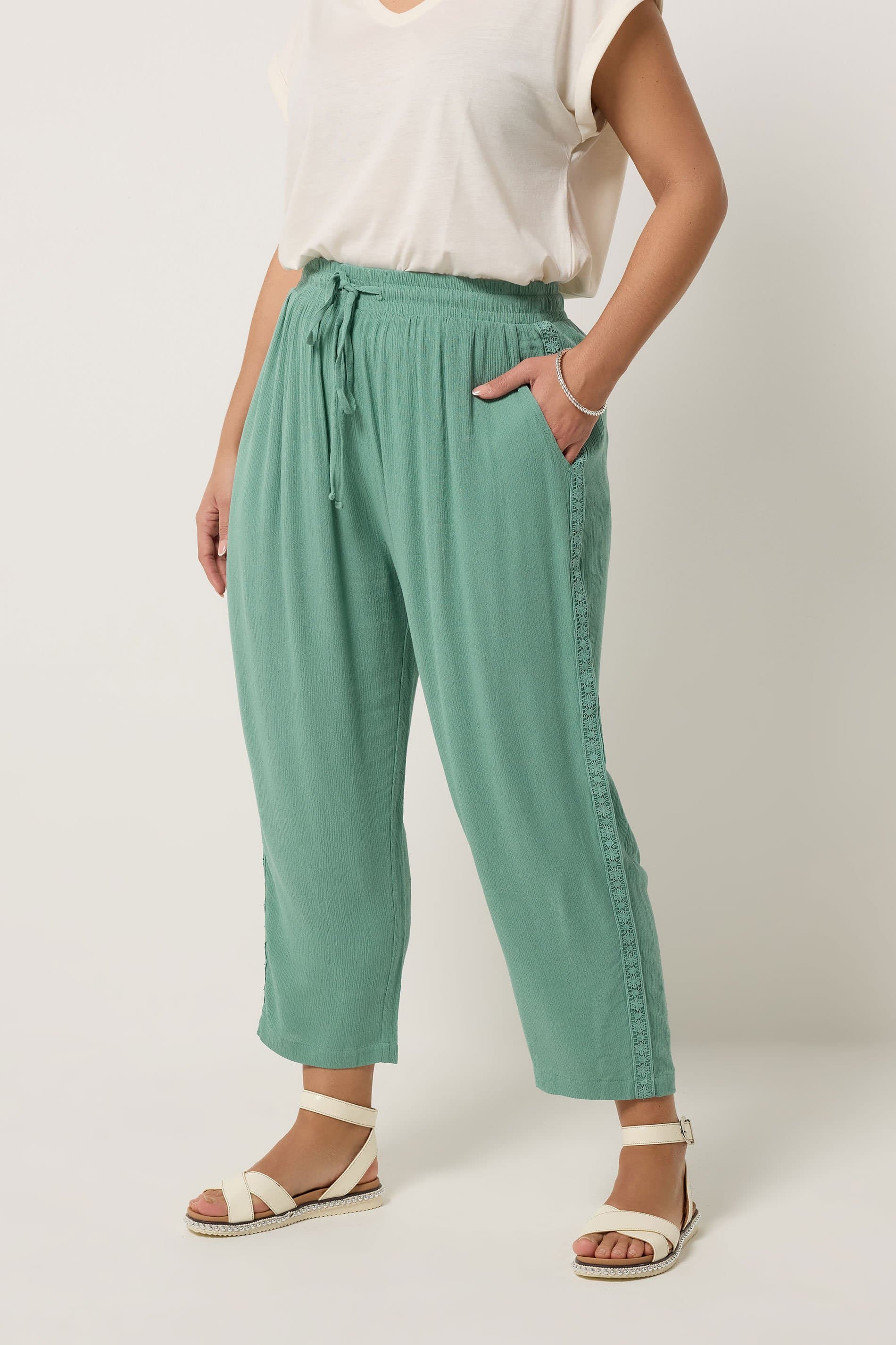 Yours Plus Size Mint Crochet Side Crop Trousers