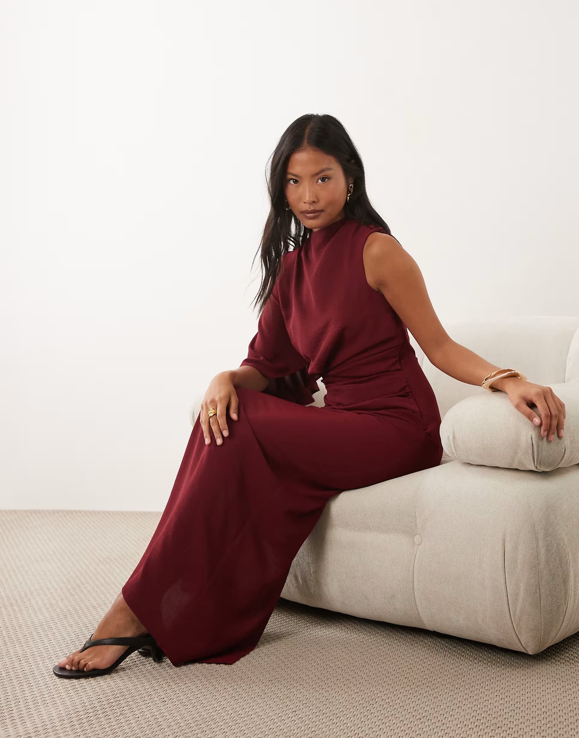 ASOS ASOS DESIGN Petite one sleeve maxi dress with pleat waist detail in burgundy
