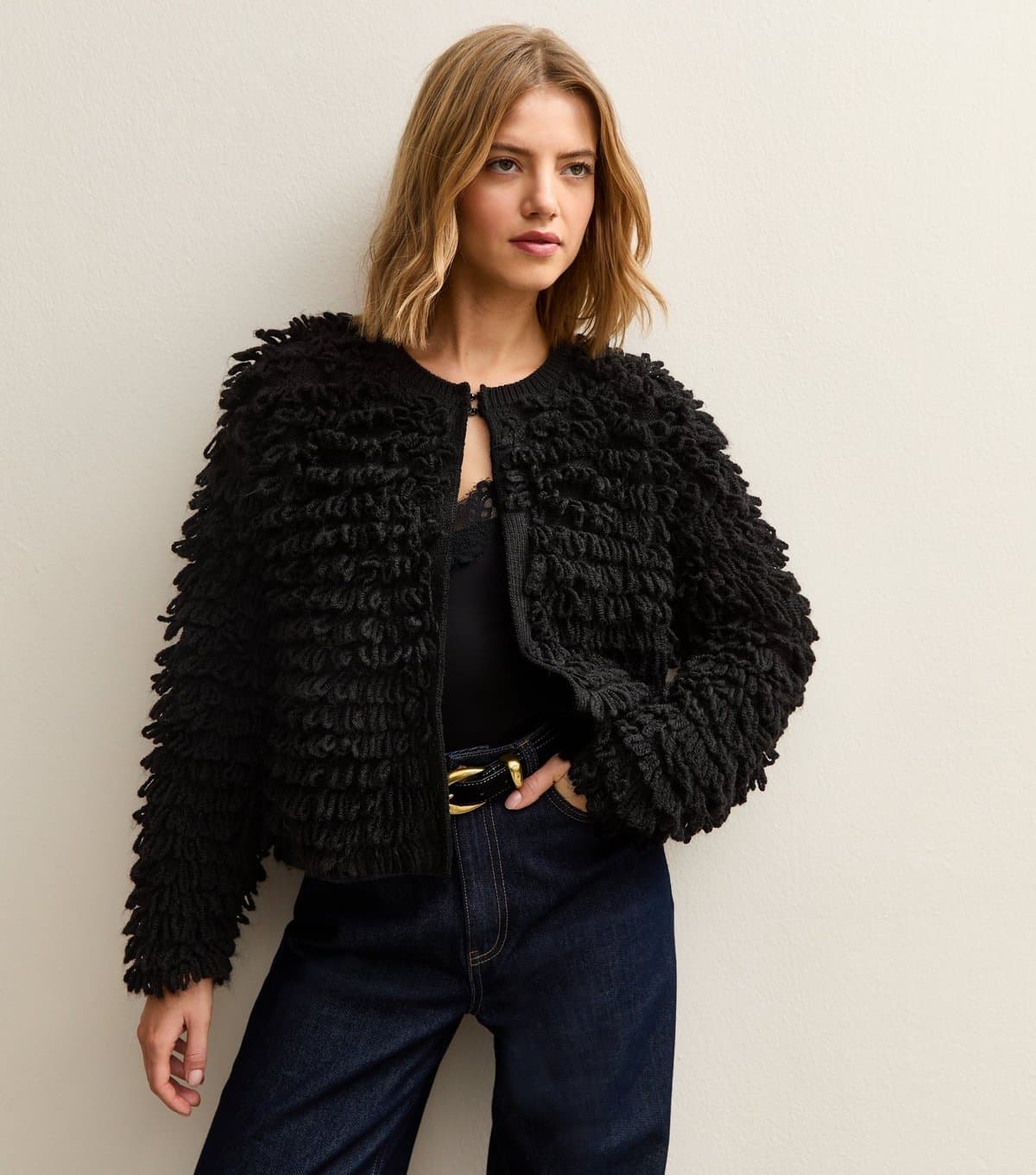 New Look Women's Black Textured Weave Knit Long Sleeve Cardigan New Look