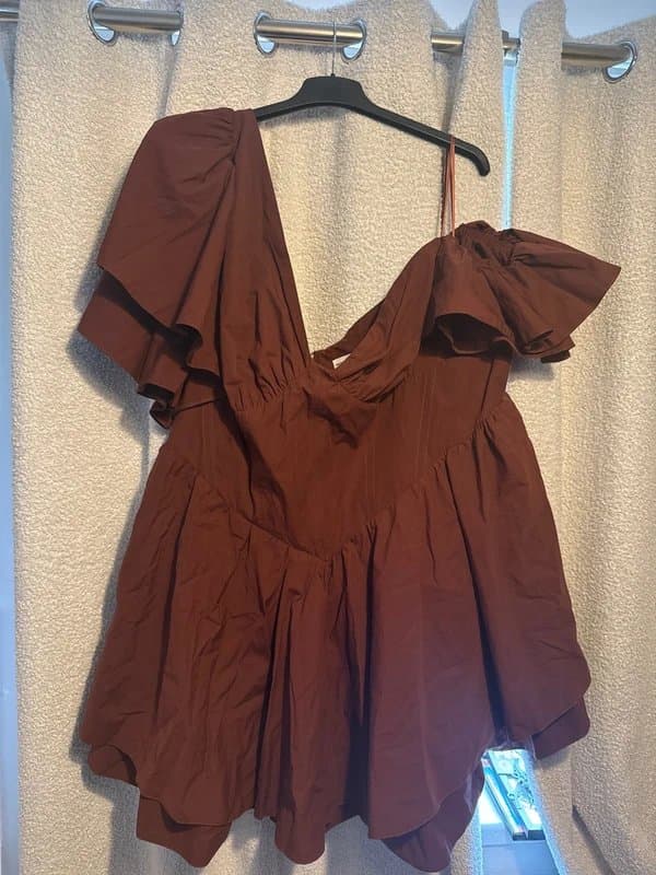 ASOS Curve ASOS luxe Curve one shoulder cotton dress with corset detail and ruffles in brick brown