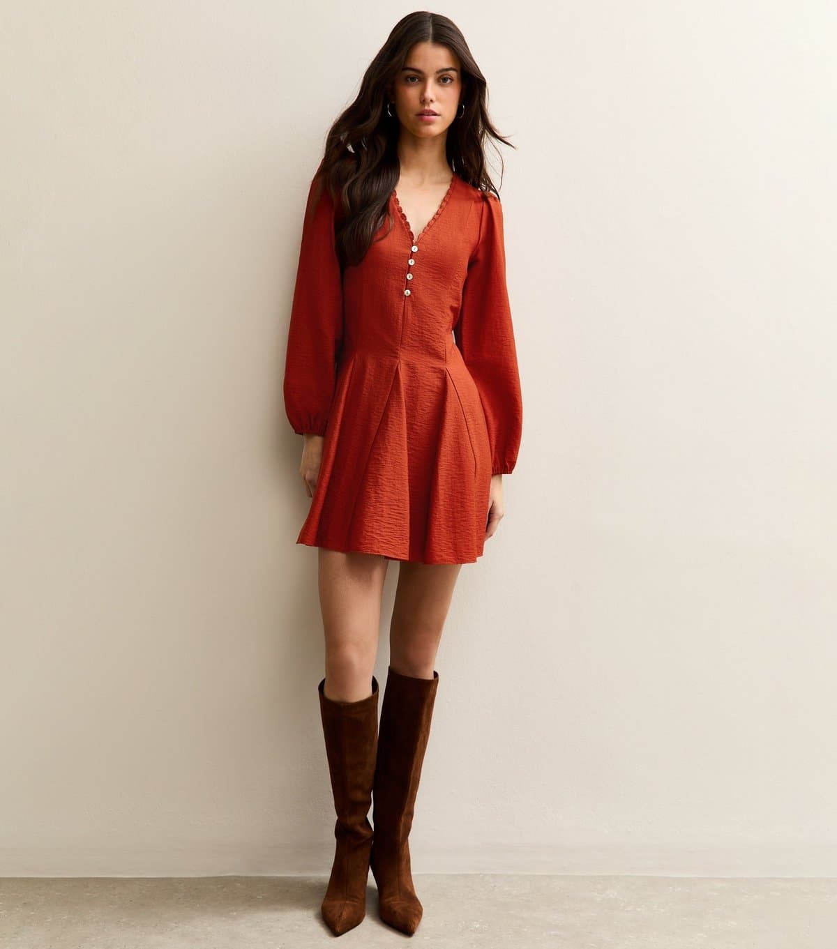 New Look Women's Dark Red Long Sleeve Godet Mini Dress New Look