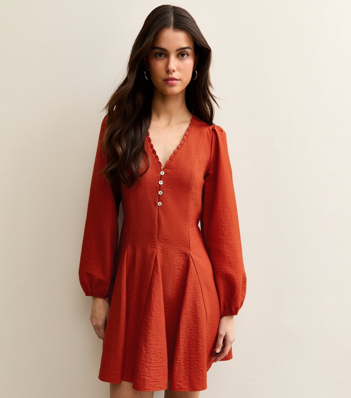 New Look Women's Dark Red Long Sleeve Godet Mini Dress New Look - 2