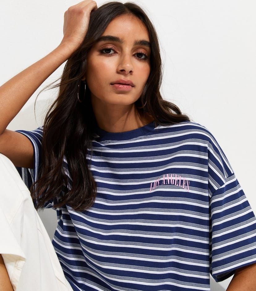New Look Women's Blue Cotton Striped Los Angeles Logo Oversized T-Shirt New Look - 1
