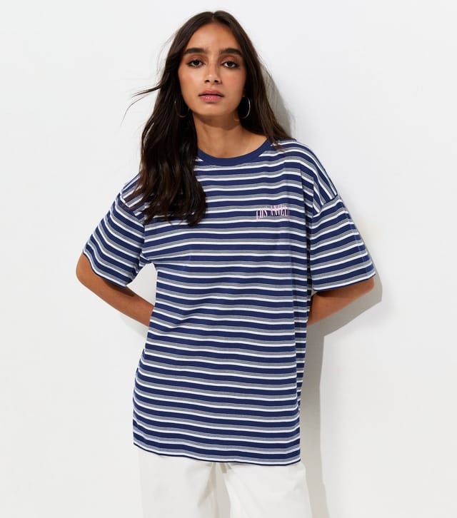 New Look Women's Blue Cotton Striped Los Angeles Logo Oversized T-Shirt New Look - 2