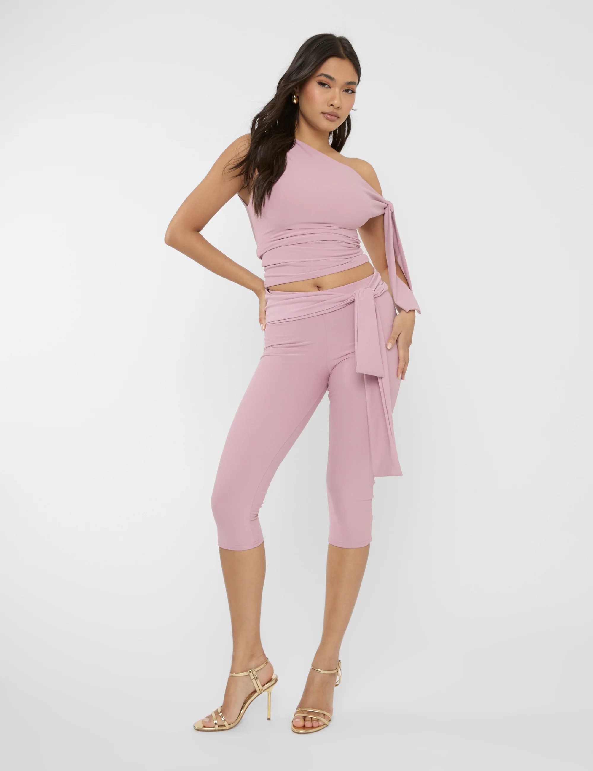 Public Desire Knot Detail Tie Side Luxe Slinky Capri Pants Mauve - 2
