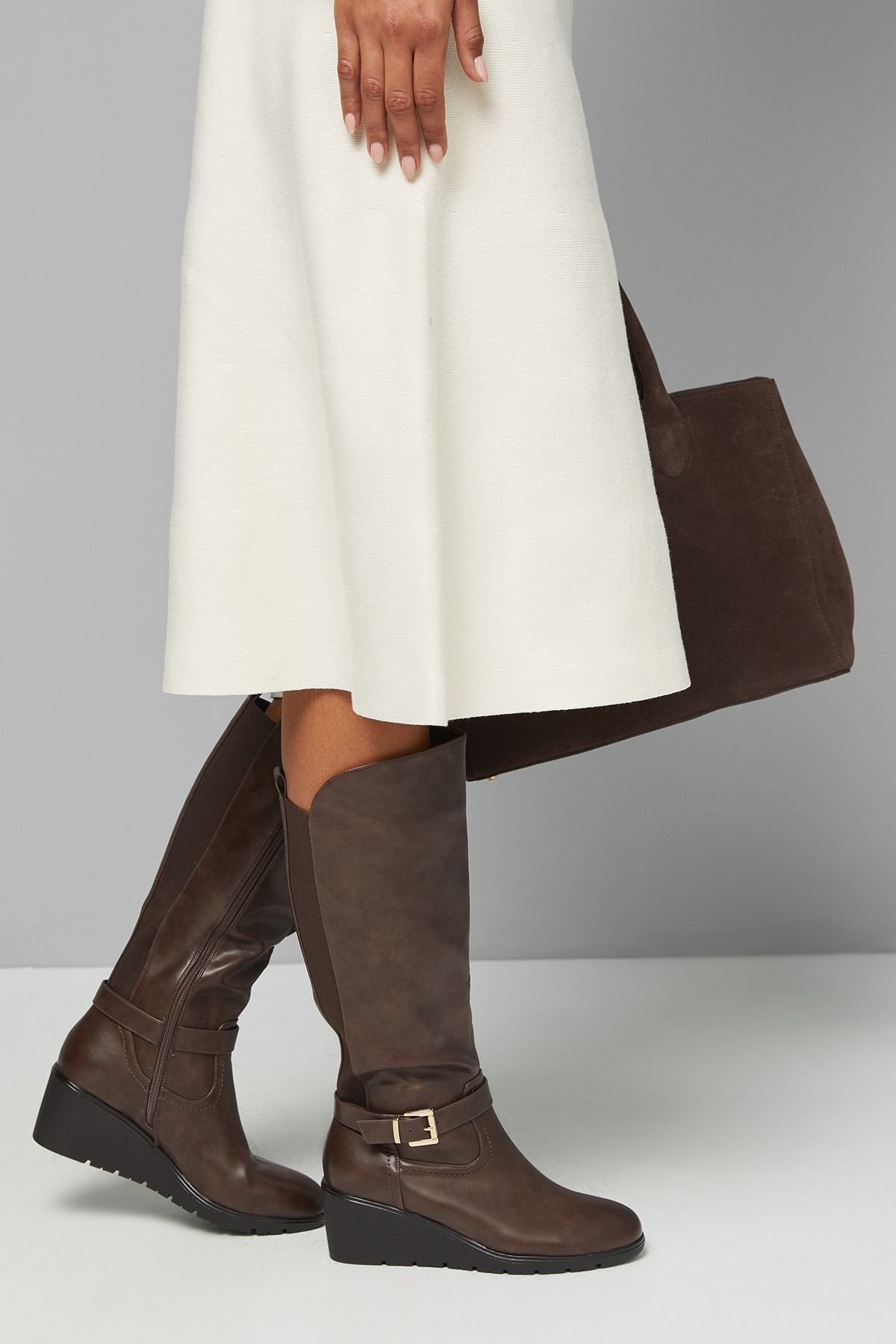 Good For the Sole Good For the Sole Women's : Fiona Comfort Black Stretch Medium Wedge Casual Knee High Boots in Brown - 2