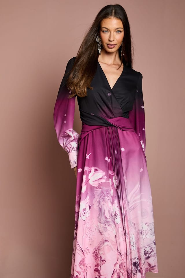 Coast Coast Women's Pleat Waist Boarder Print Organza Midi Dress in Berry - 2