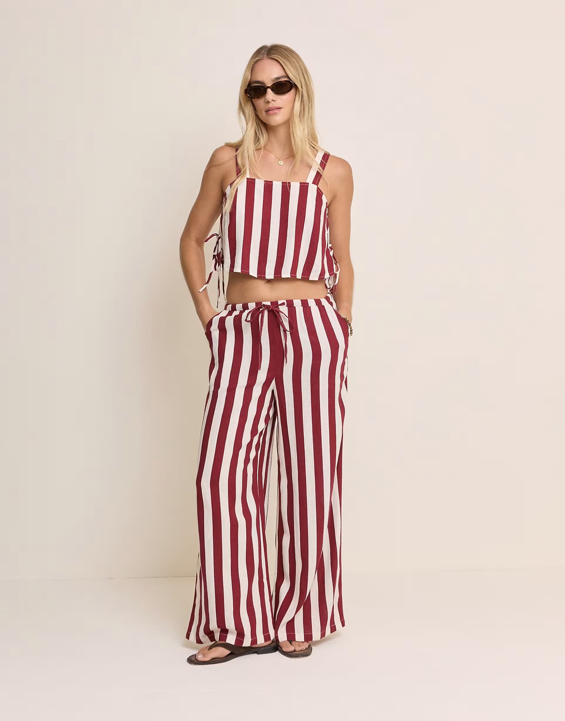 ASOS Nobody's Child Reese linen blend drawstring wide leg trousers in red stripe