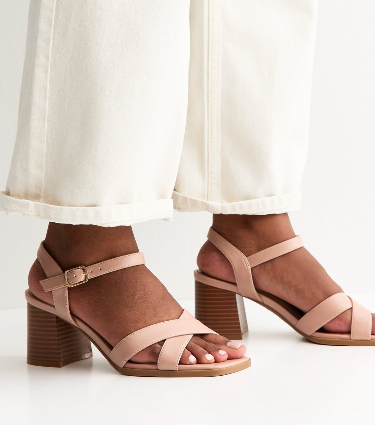 New Look Women's Light Pink Faux Leather Block Heel Sandals Vegan New Look