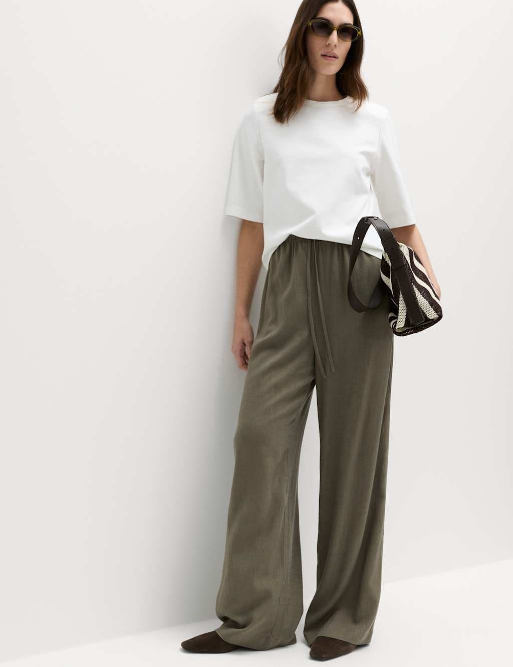 Marks & Spencer M&S Drawstring Wide Leg Trousers with Linen Dark Khaki