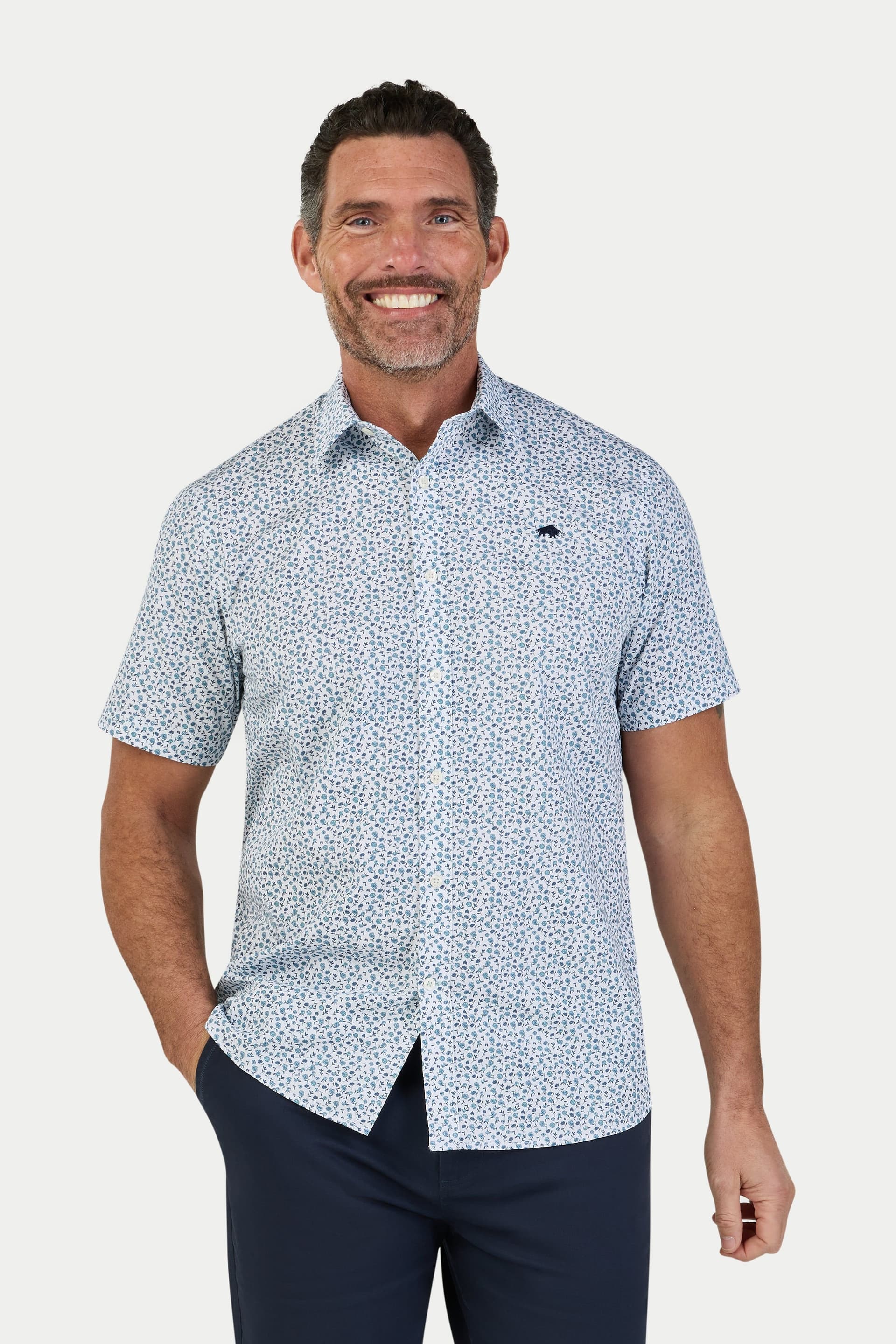 raging bull Raging Bull Men's Short Sleeve Floral Cotton Poplin Shirt in Light Blue