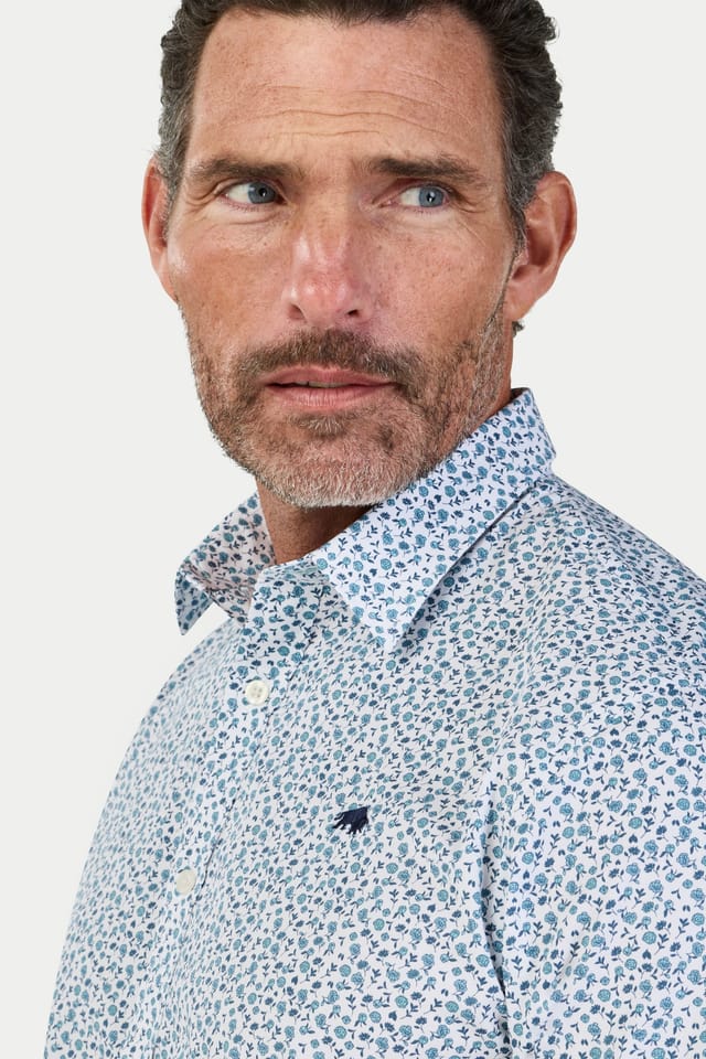 raging bull Raging Bull Men's Short Sleeve Floral Cotton Poplin Shirt in Light Blue - 3