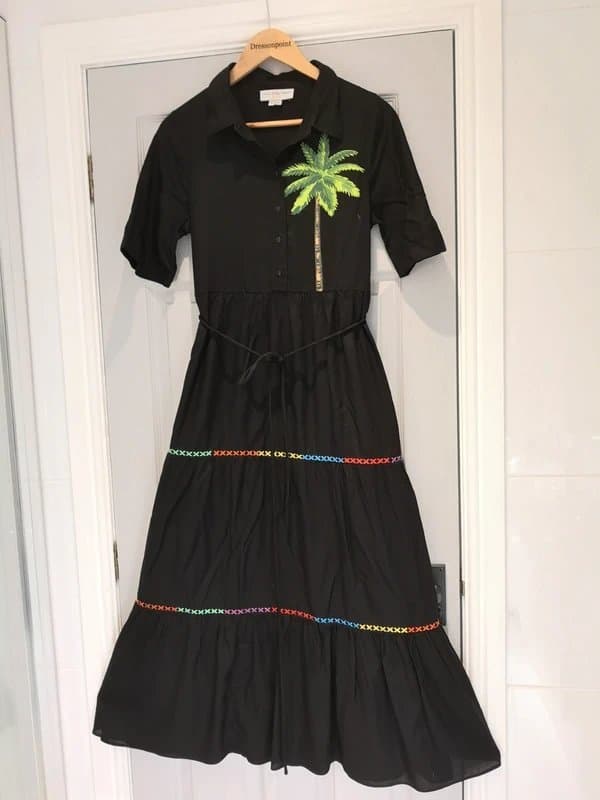 Never Fully Dressed Never Fully Dressed Black Palm Shirt Midi Dress UK 8 Boho Tie Waist Tiered Summer Holiday