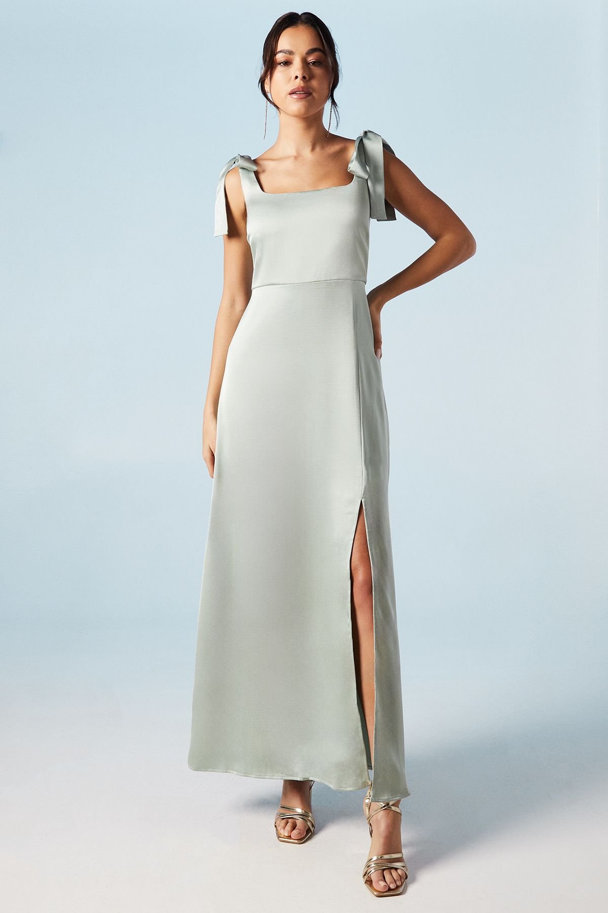 Oasis Oasis Women's Satin Tie Shoulder Midi Bridesmaid Dress in Sage - 2