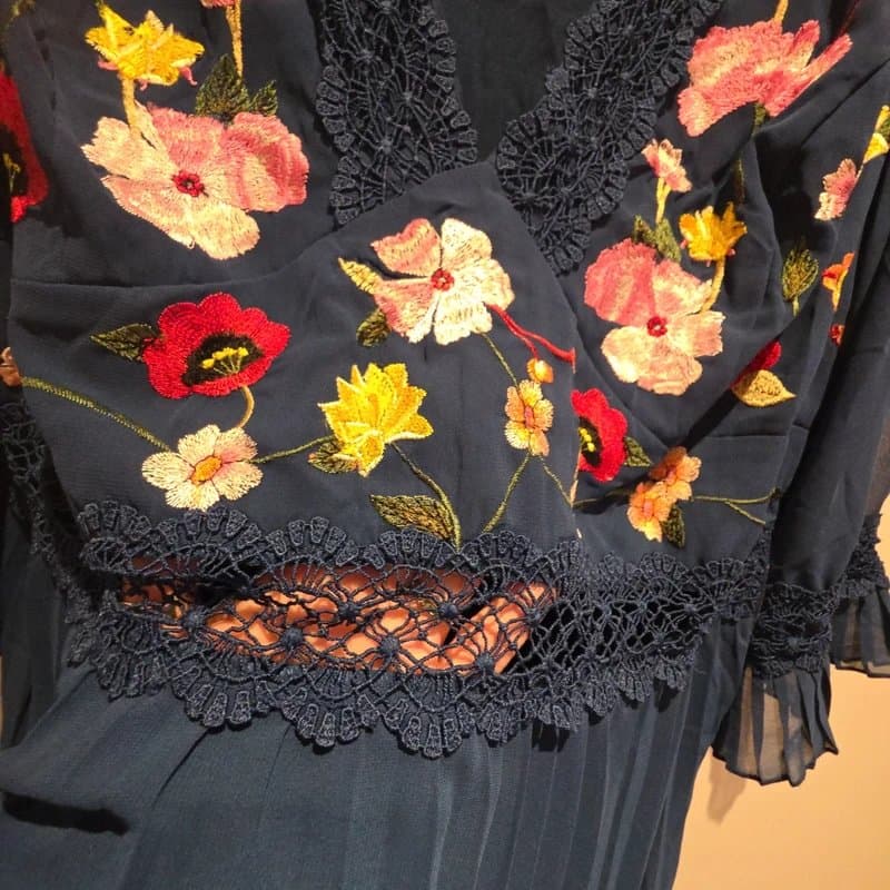 ASOS Design ASOS Design Lace Insert Pleated Midi Dress With Embroidery In Navy Size UK16