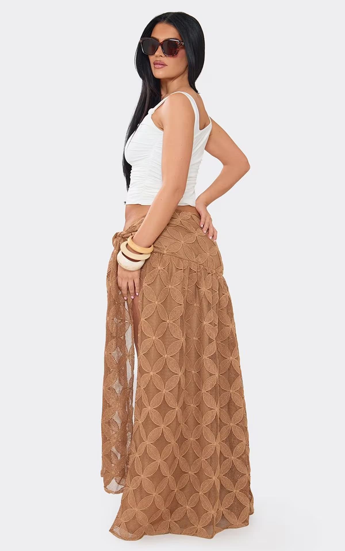 EGO Tie Side Split Leg Maxi Skirt In Brown Floral Texture, Women's Size UK XS