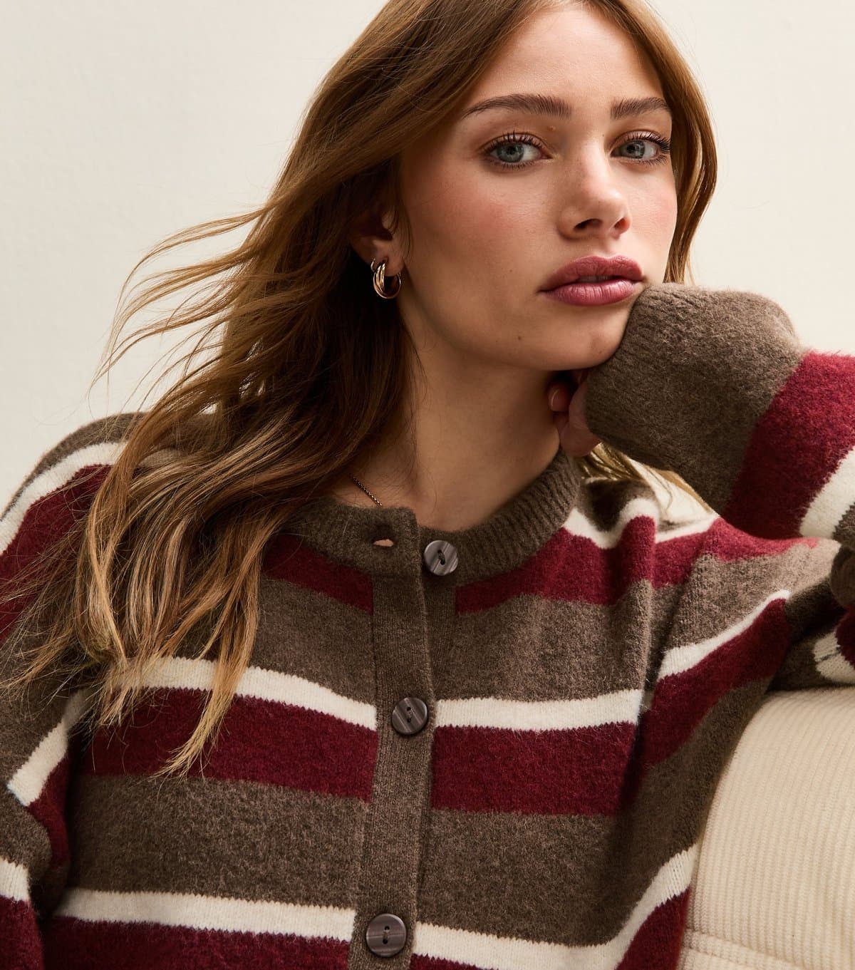 New Look Women's Brown Striped Crew Neck Cardigan New Look