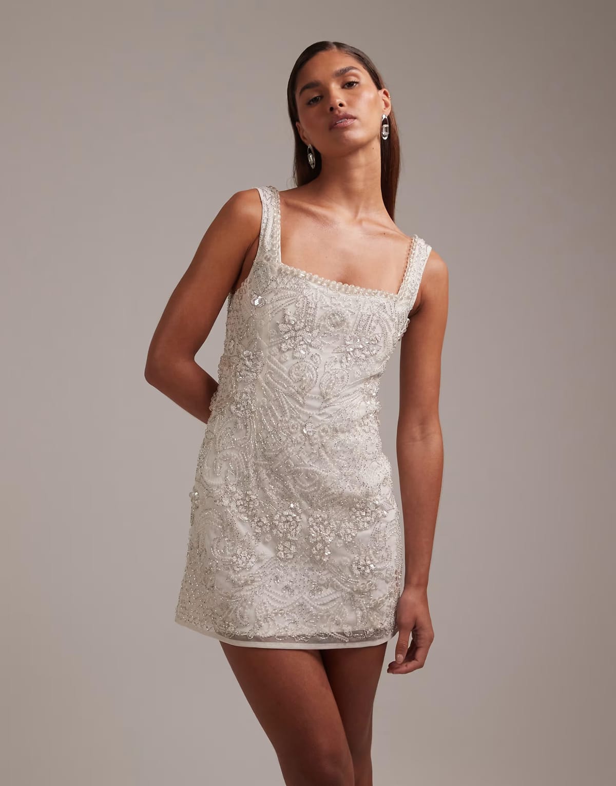 ASOS ASOS DESIGN ornate crystal embellished square neck mini dress in ivory - 1