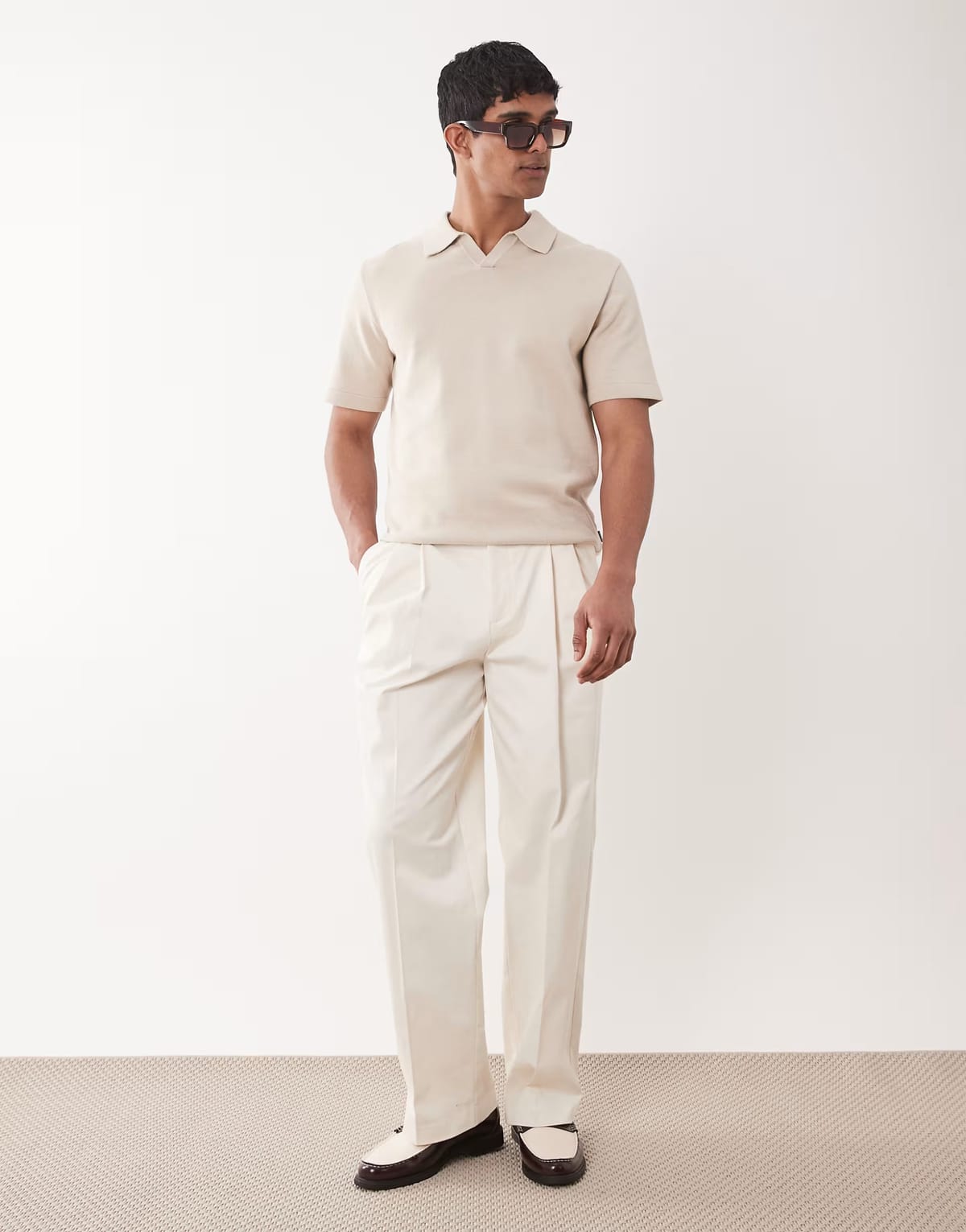 ASOS ASOS DESIGN tailored cotton rich wide leg chino trousers in ecru with front pleats - 1