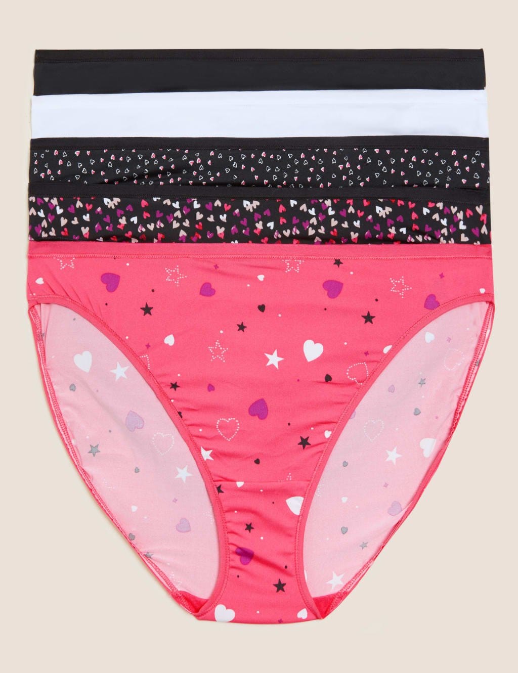 M&S Heart-Patterned High Leg Knickers 5-Pack Pink Mix