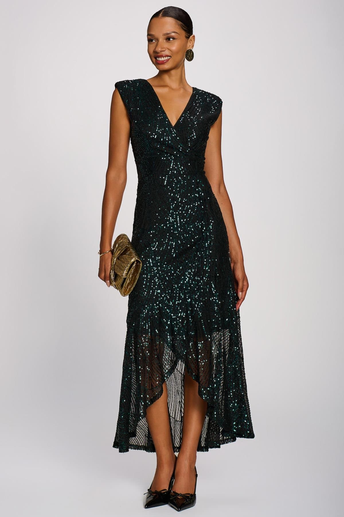 Jolie Moi Jolie Moi Women's Sequin V-Neck Maxi Dress in Dark Green