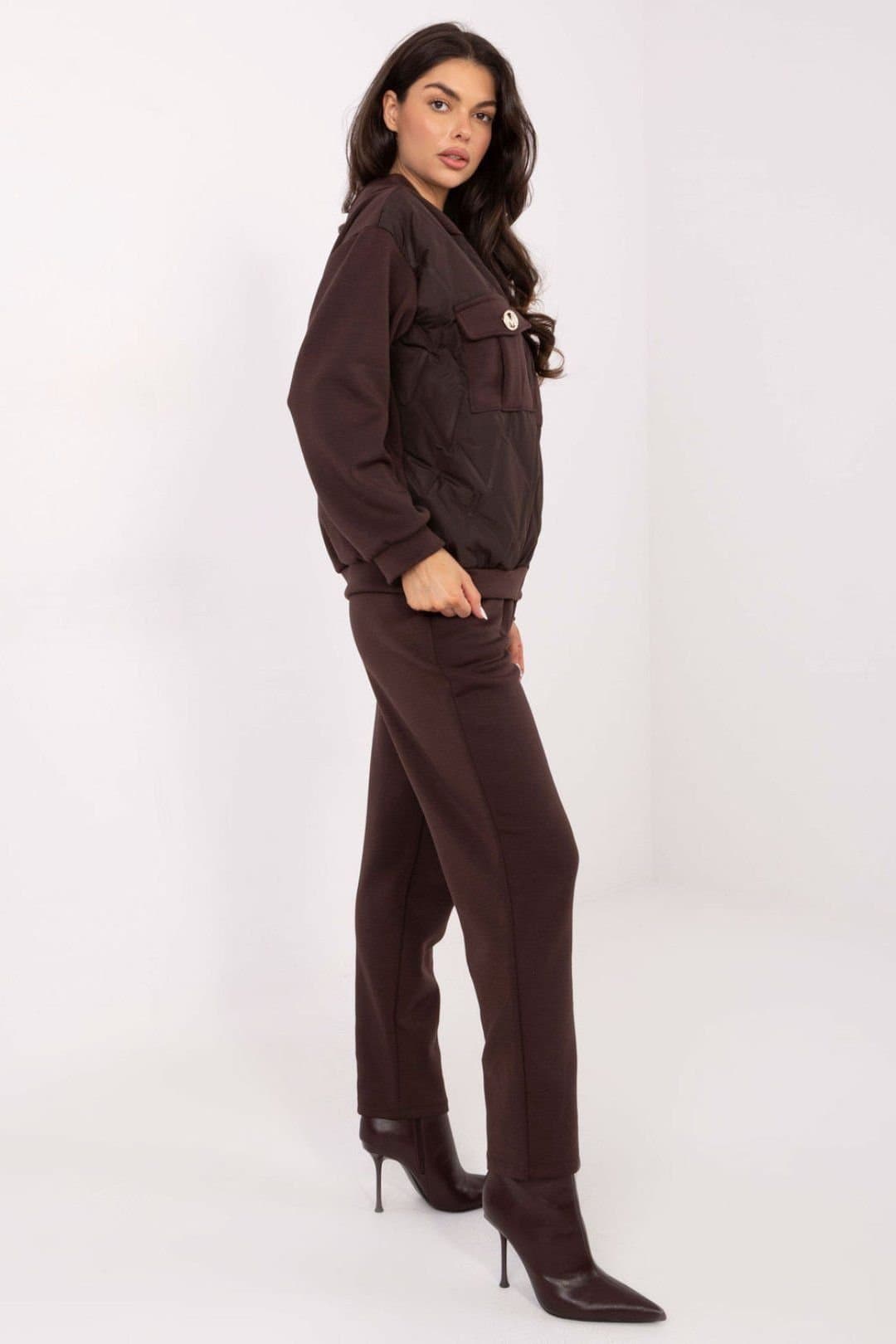 Love Lace Love Lace Women's Quilted Viscose Zip Hoodie & Tapered Pants Set in Brown