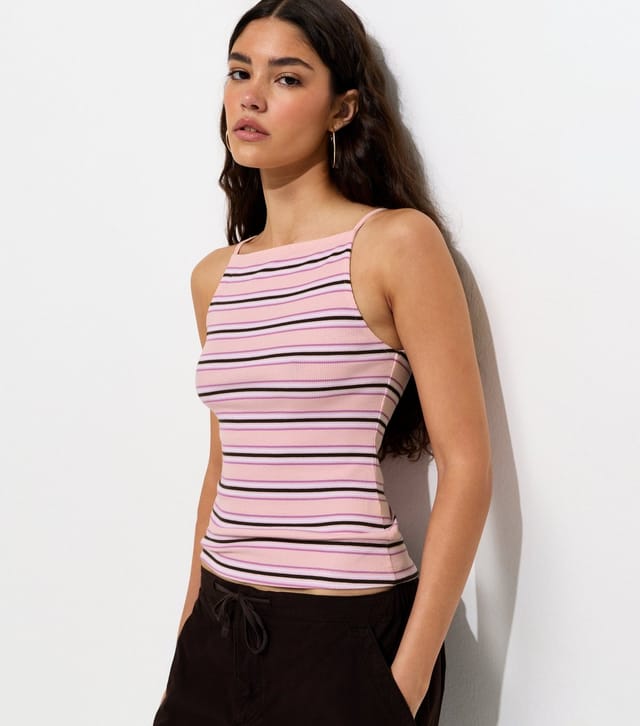 New Look Women's Pink Striped Ribbed Jersey Vest New Look - 2