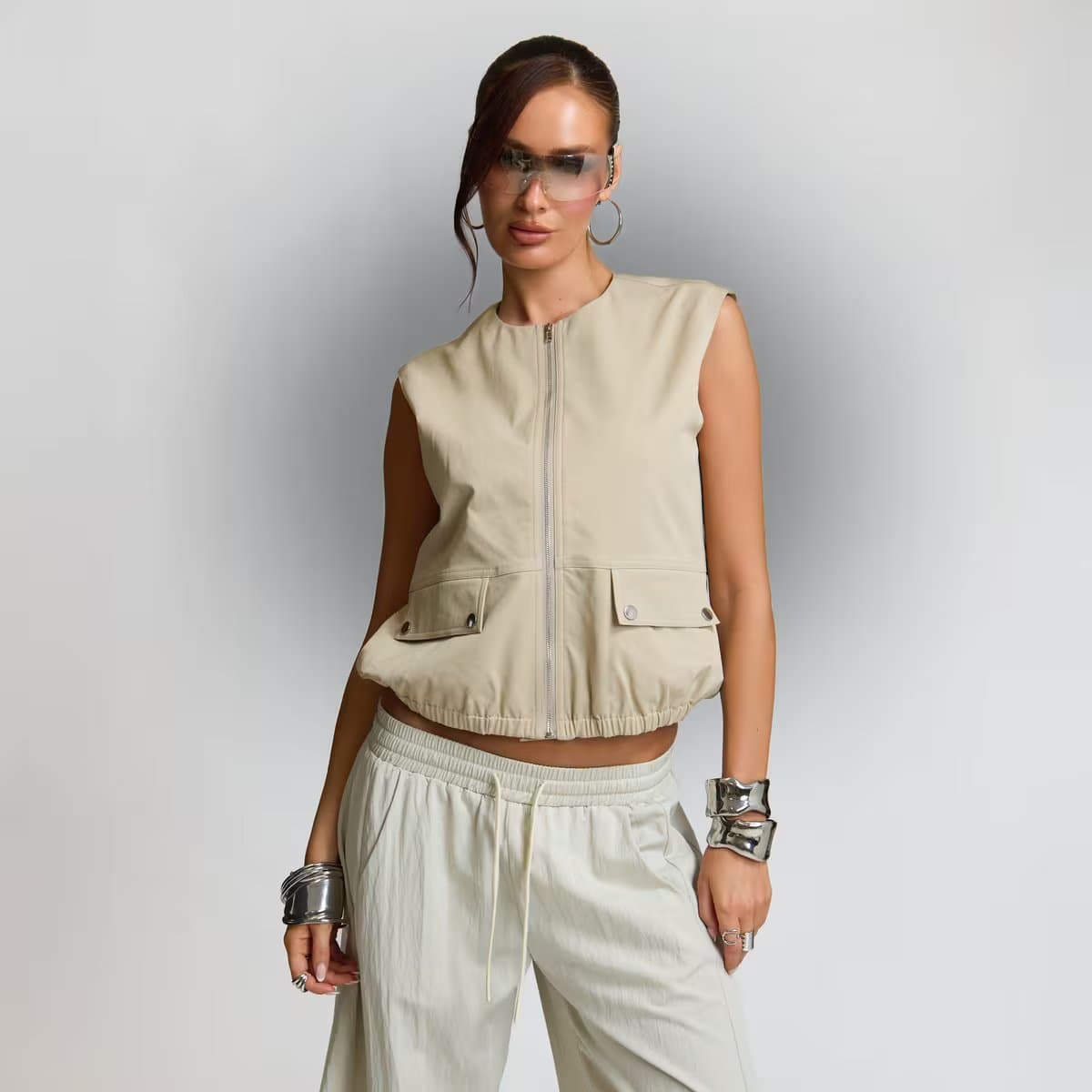 EGO Sleeveless Zip Up Front Oversized Top In Stone, Women's Size UK 6