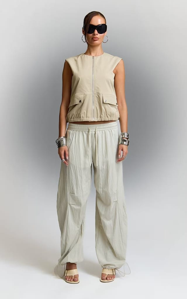 EGO Sleeveless Zip Up Front Oversized Top In Stone, Women's Size UK 6 - 2