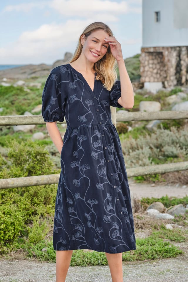WoolOvers WoolOvers Women's Button Through Cornelli Midi Dress in Blue - 3