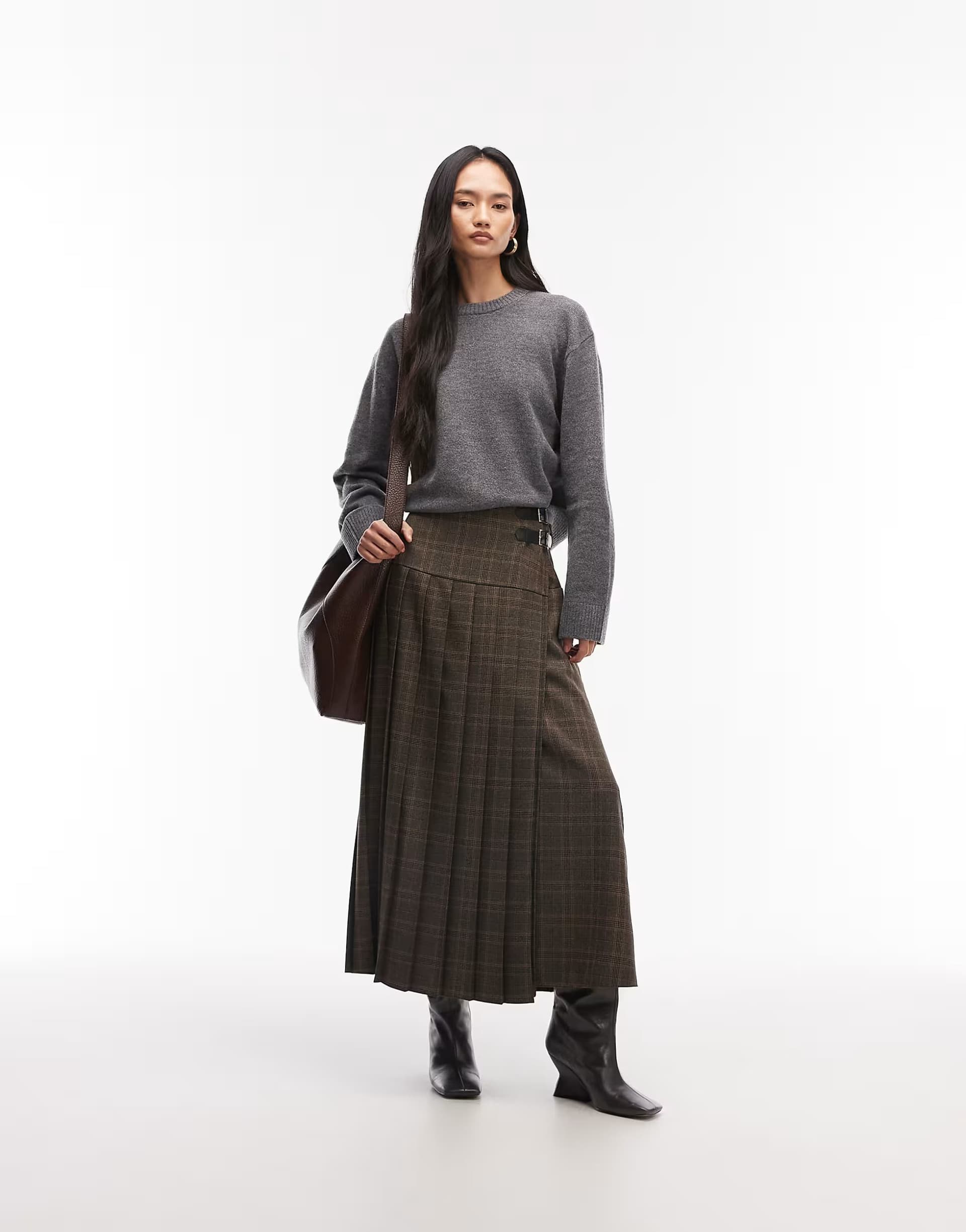 ASOS ASOS DESIGN buckle detail pleated kilt midi skirt in brown check