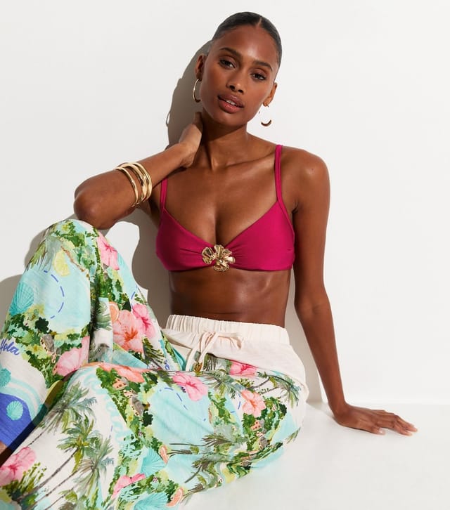 New Look Women's Dark Pink Gold Hibiscus Crop Bikini Top New Look - 2
