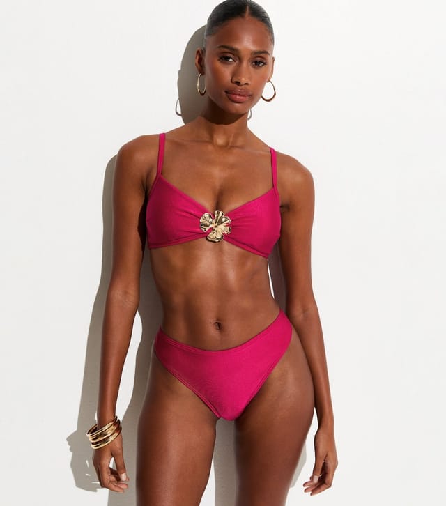 New Look Women's Dark Pink Gold Hibiscus Crop Bikini Top New Look - 3