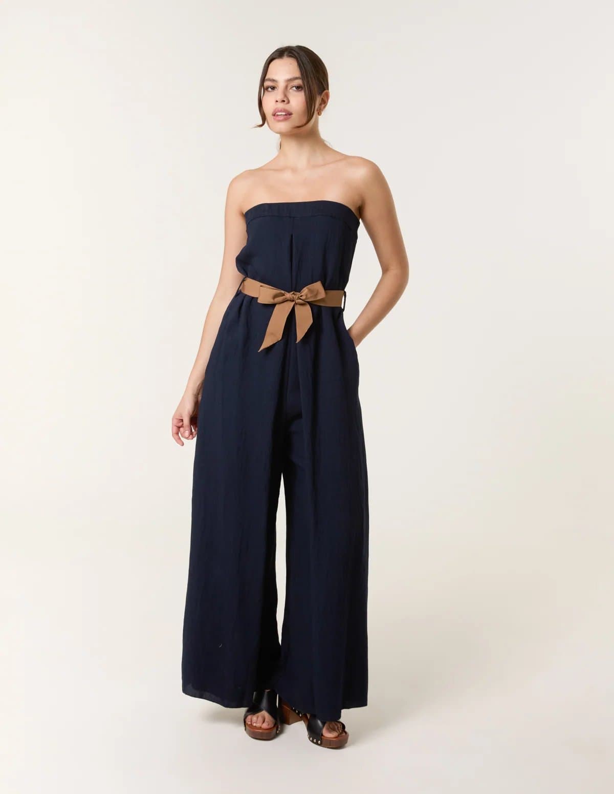 Blue Vanilla Linen Belted Wide Bandeau Jumpsuit