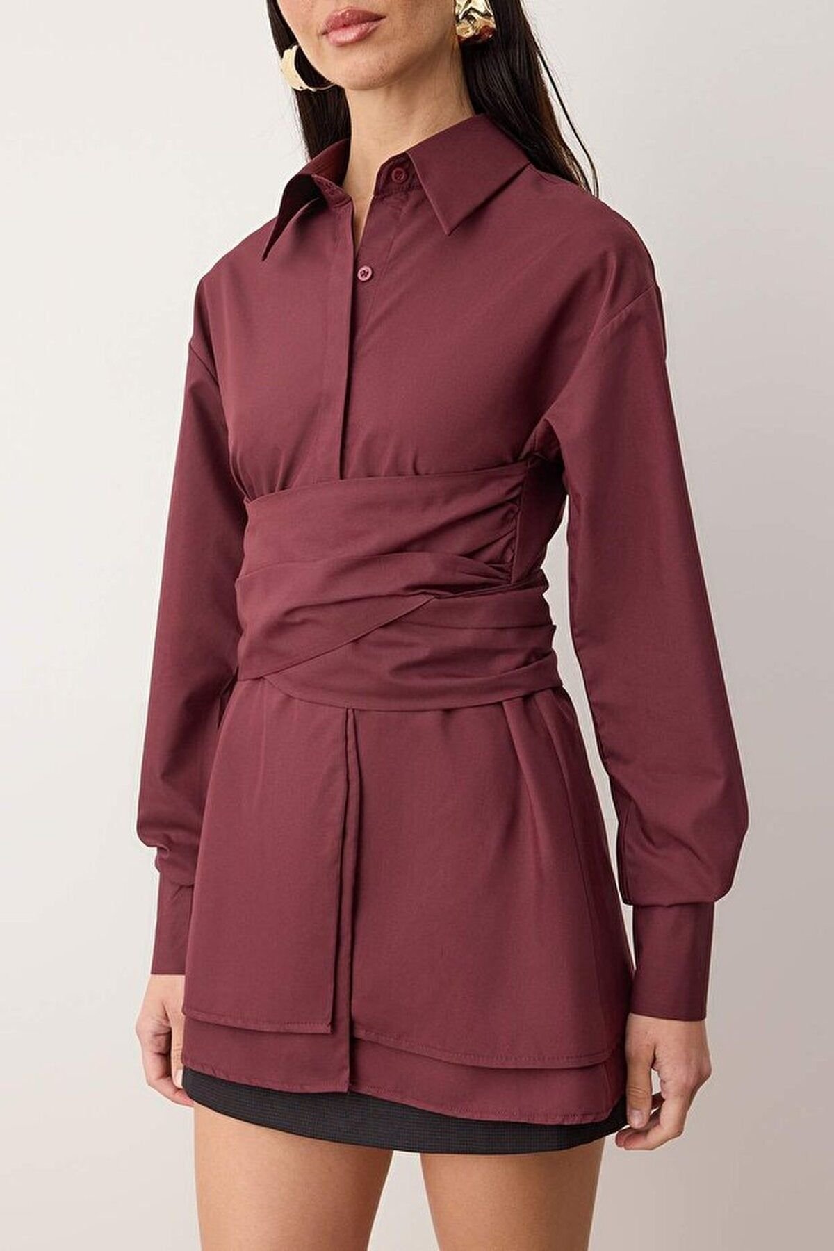 WOVCOR WOVCOR Women's Gathered Waist Detail Long Sleeve Button-Front Shirt in Burgundy - 2