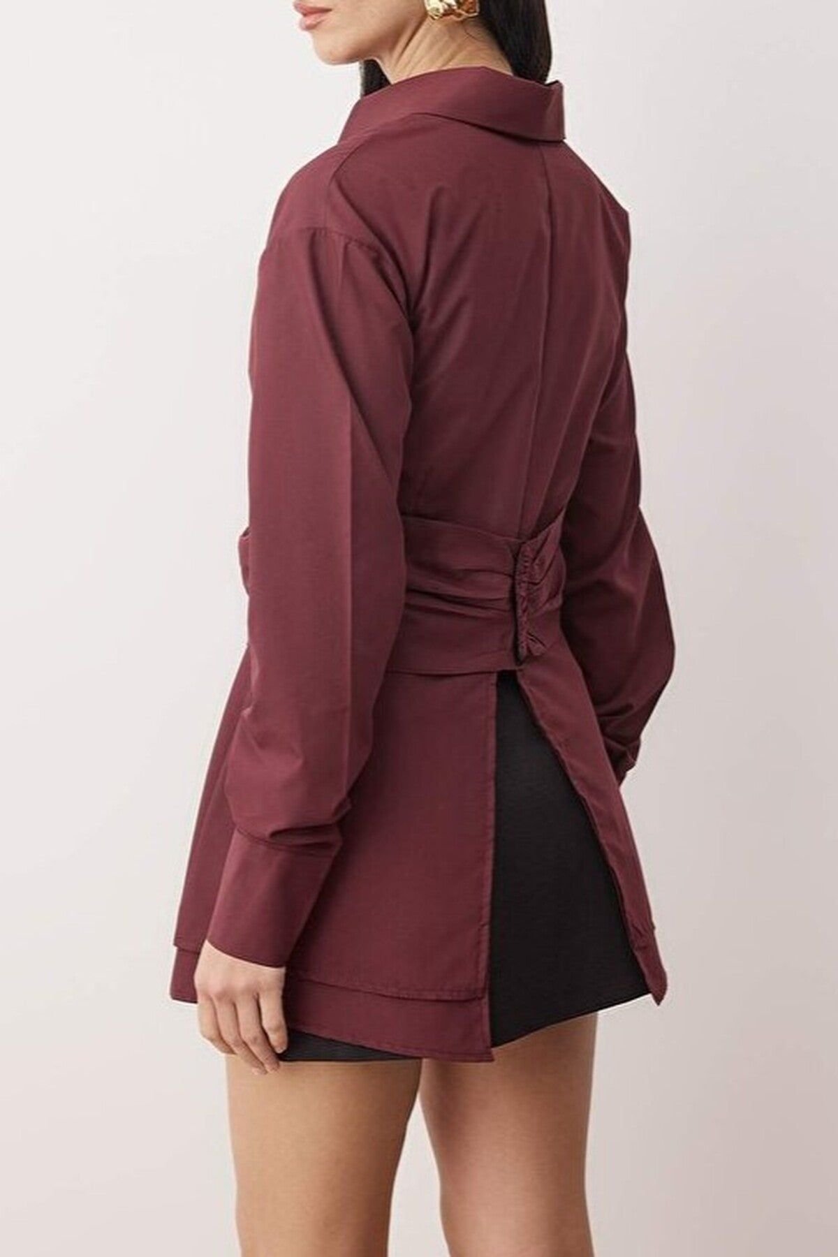 WOVCOR WOVCOR Women's Gathered Waist Detail Long Sleeve Button-Front Shirt in Burgundy - 3