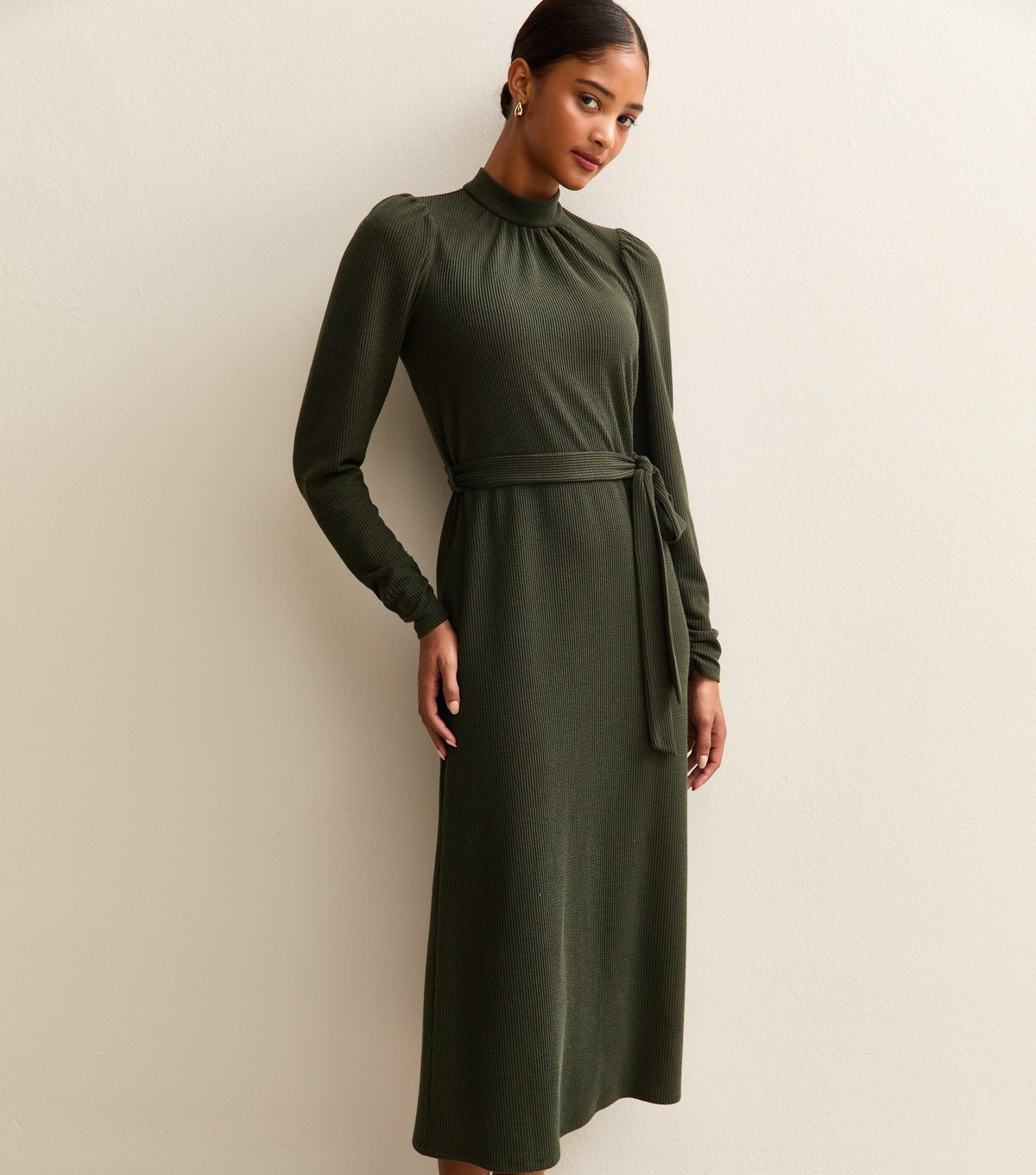 New Look Women's Dark Khaki Crinkled High Neck Midi Dress New Look - 2