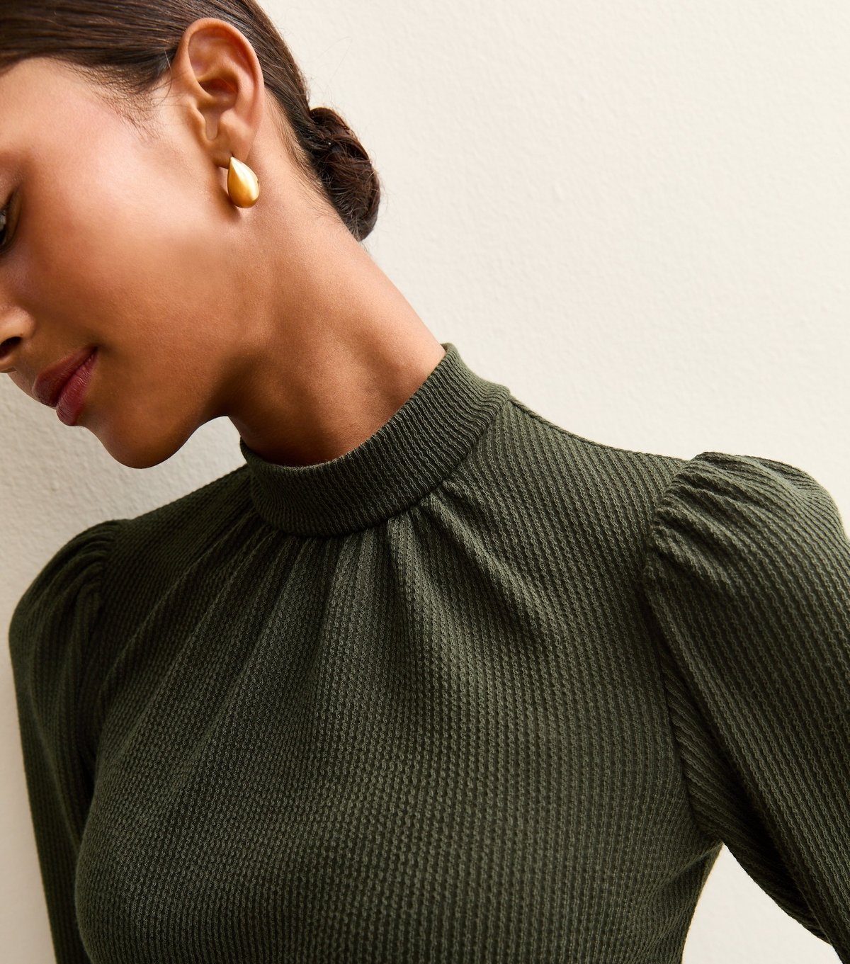 New Look Women's Dark Khaki Crinkled High Neck Midi Dress New Look - 3