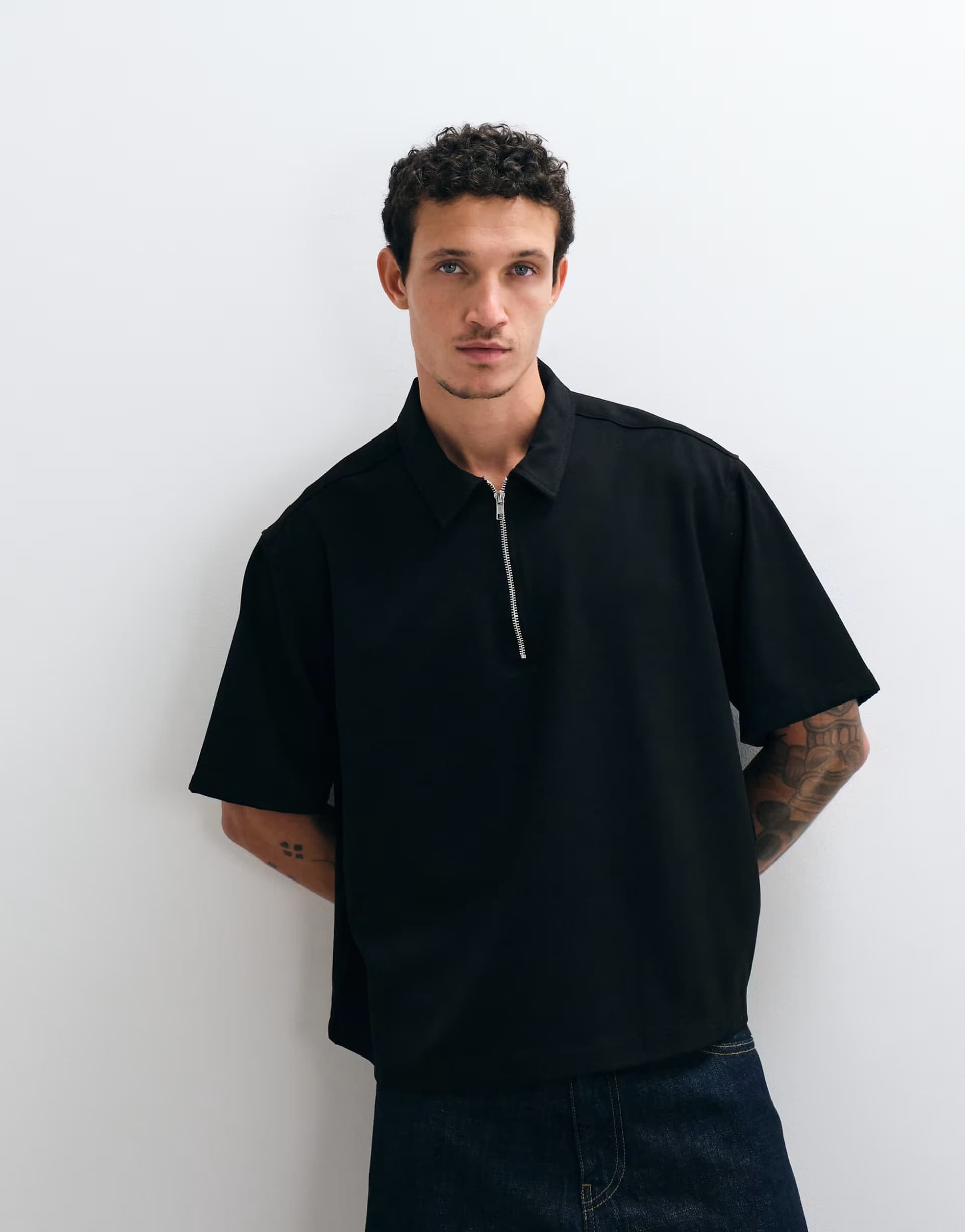ASOS ASOS DESIGN boxy oversized 1/4 zip shirt in black