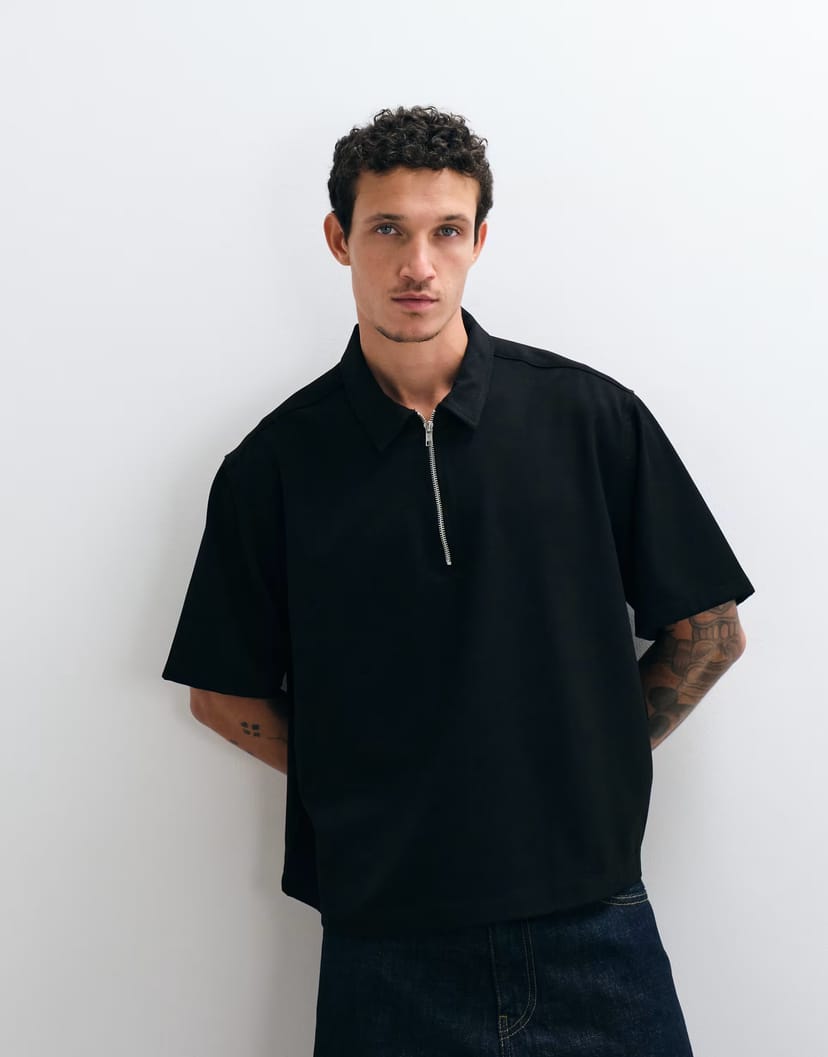 ASOS ASOS DESIGN boxy oversized 1/4 zip shirt in black - 1