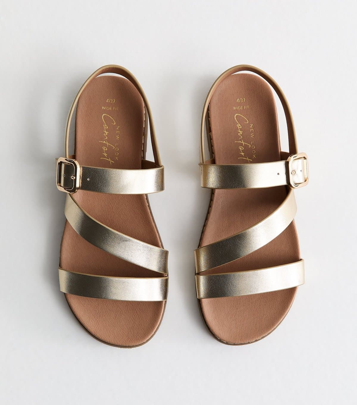 New Look Women's Wide Fit Gold Faux Leather Strappy Flat Sandals Vegan New Look