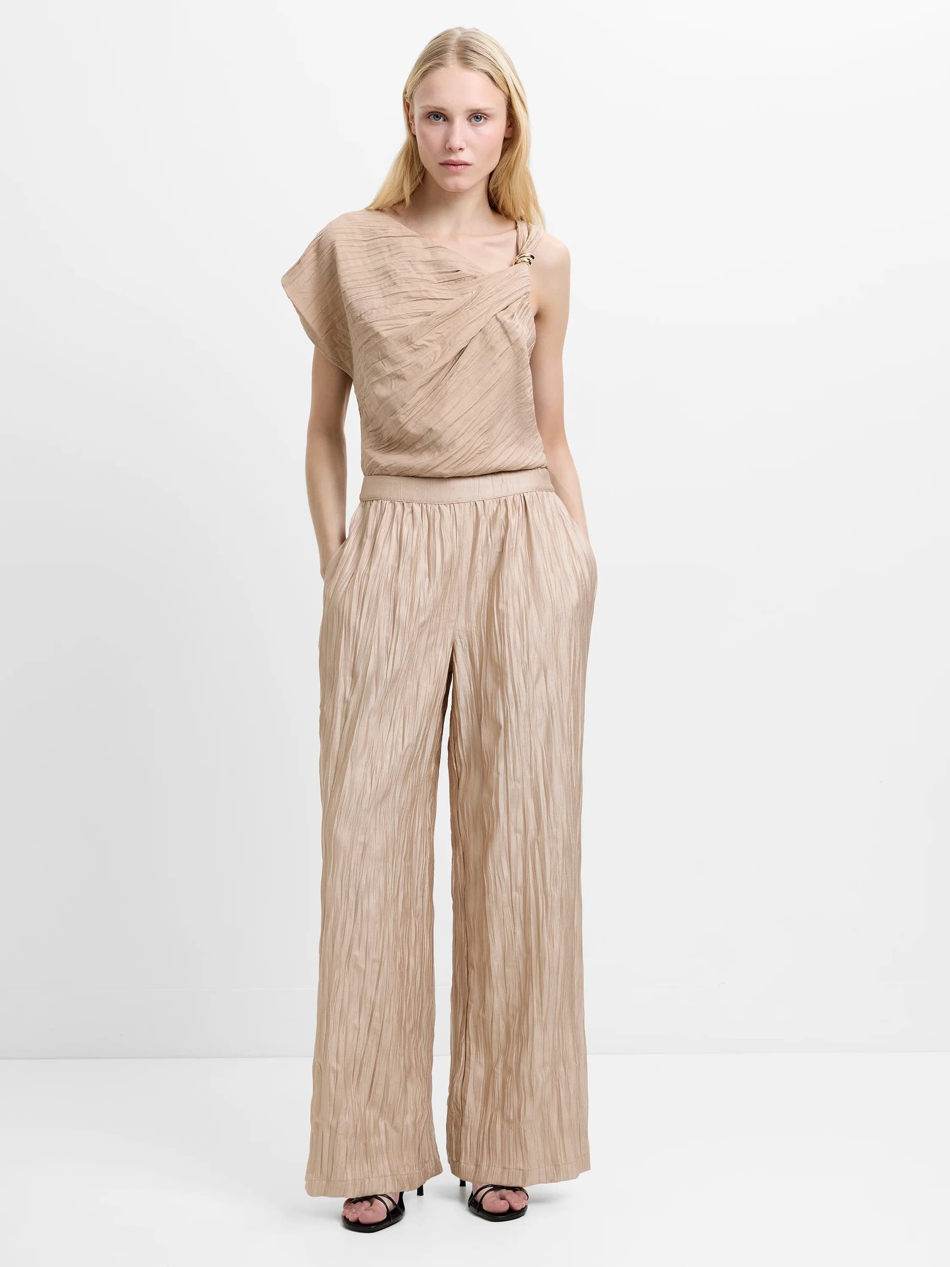 French Connection Novie Crinkle Wide Leg Trousers Warm Neutral