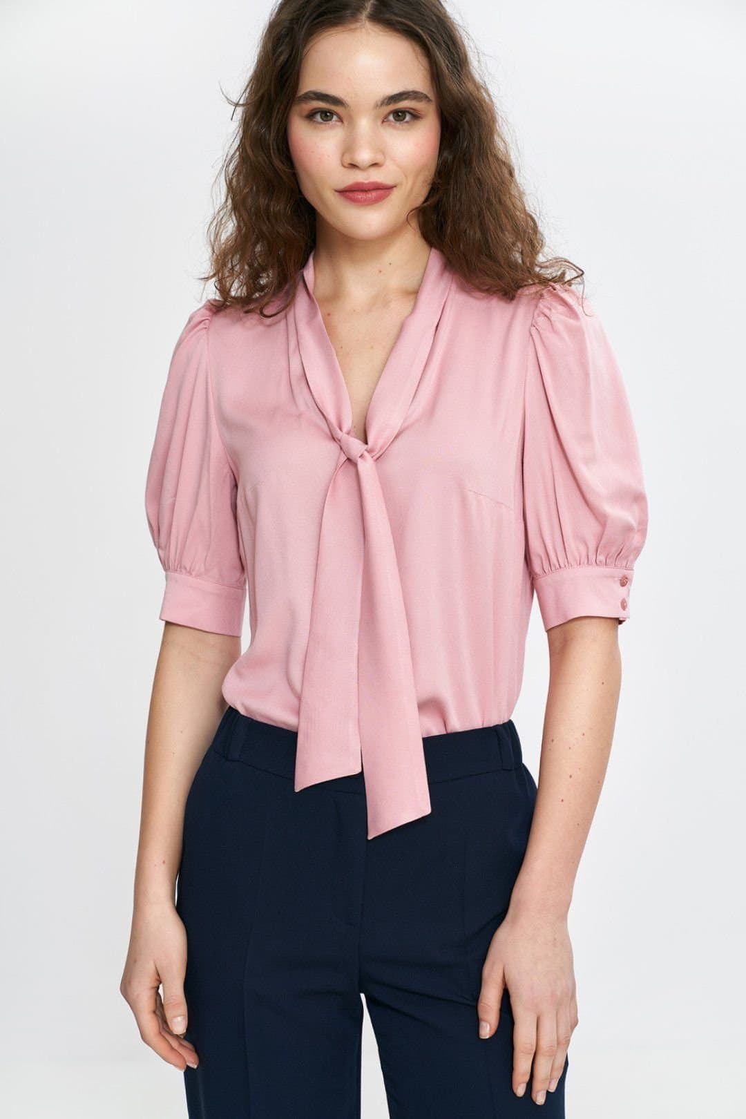 Love Lace Love Lace Women's V Neck Tie Viscose Blouse with Puff Sleeves in Pink