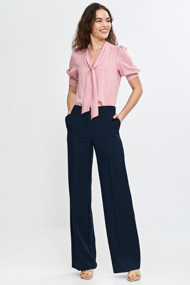 Love Lace Love Lace Women's V Neck Tie Viscose Blouse with Puff Sleeves in Pink - 2