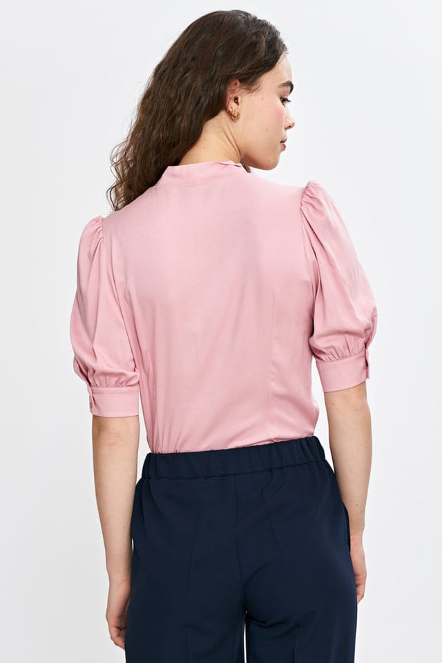 Love Lace Love Lace Women's V Neck Tie Viscose Blouse with Puff Sleeves in Pink - 3