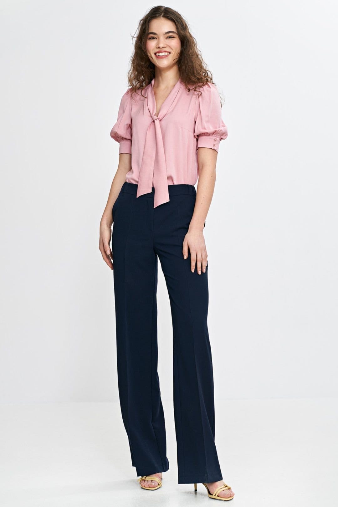 Love Lace Love Lace Women's V Neck Tie Viscose Blouse with Puff Sleeves in Pink - 4